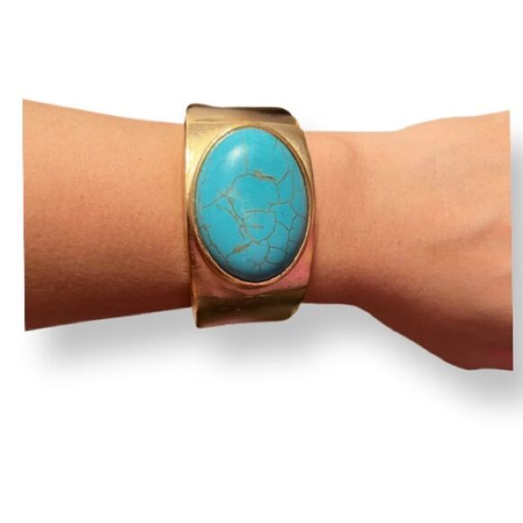 NEW Turquoise Matte Gold Clamper Bangle - Picture 1 of 4